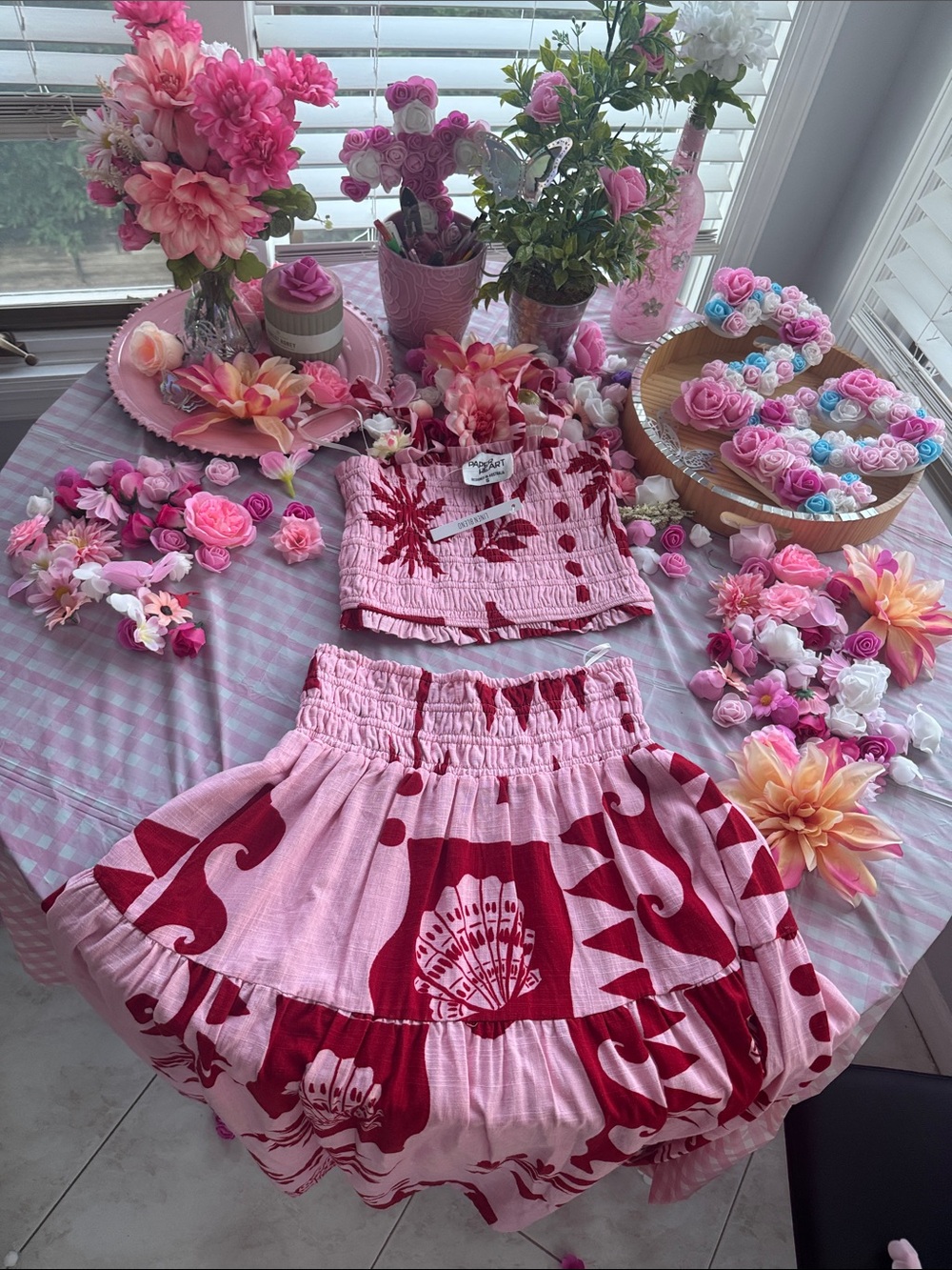 Pink Floral Two-Piece Skirt Set - Smocked Crop Top & Tiered Skirt